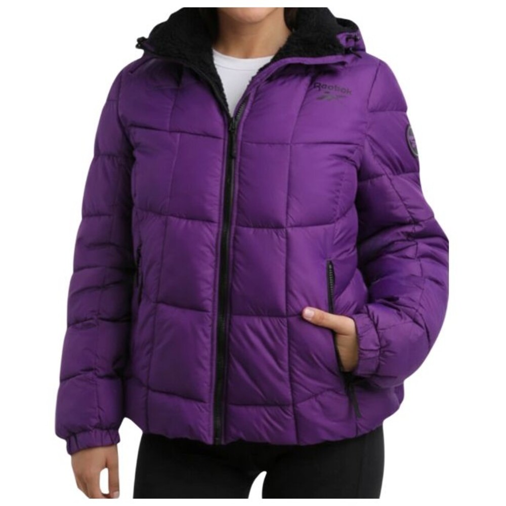 NEW Reebok Quilted Puffer Jacket Women's Medium Hooded Faux Fur Insulated Purple